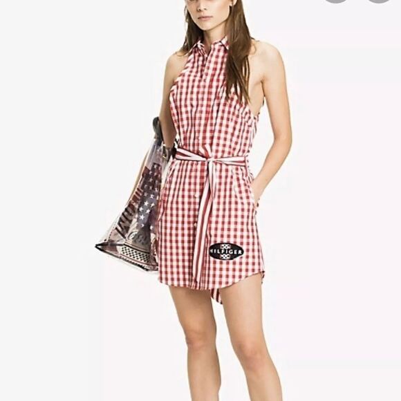 HILFIGER COLLECTION GINGHAM STRIPE SHIRT DRESS - Picture 1 of 6